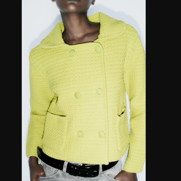 NWT ZARA CHUNKY KNIT PETER PAN COLLAR CARDIGAN LIME GREEN - Picture 4 of 7